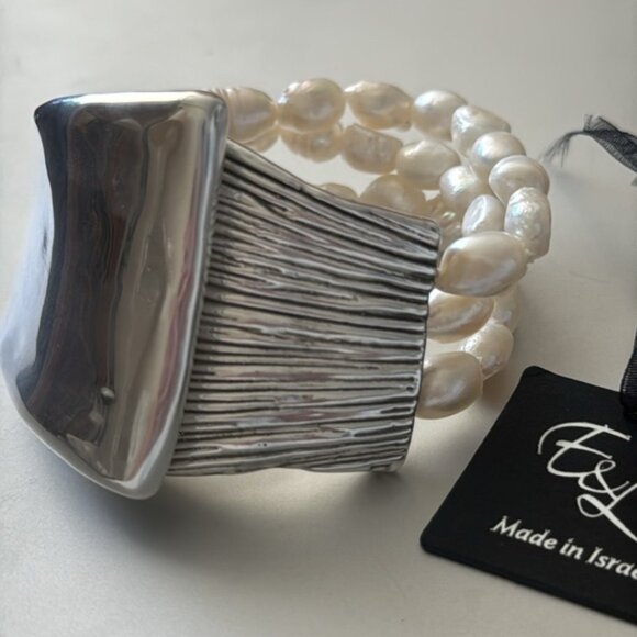 E&L 925 Sterling Silver Israel Fresh Water Pearl Electroform Magnetic Bracelet - Picture 3 of 14